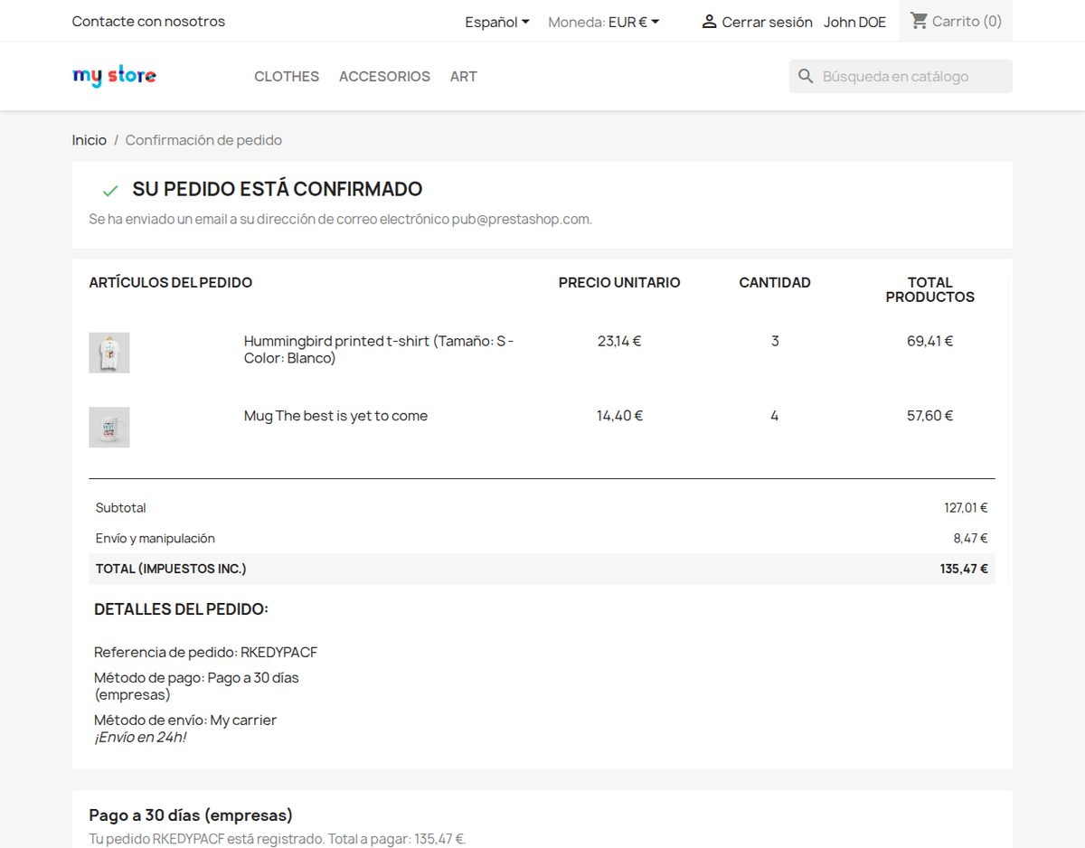 Instrucciones de pago con los datos del pedido en la confirmación de PrestaShop