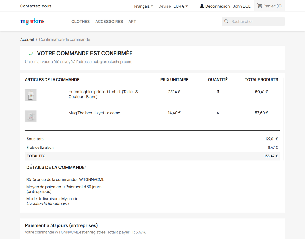 Instructions de paiement avec les données de la commande sur la confirmation PrestaShop