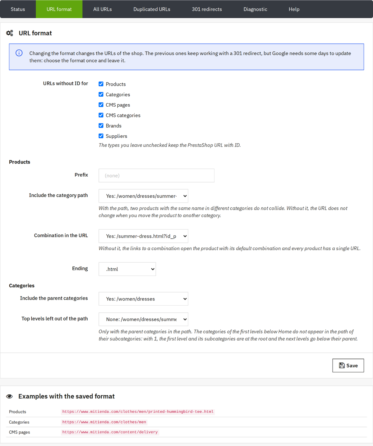 URL format: prefixes, category path, .html ending and examples of URLs without IDs