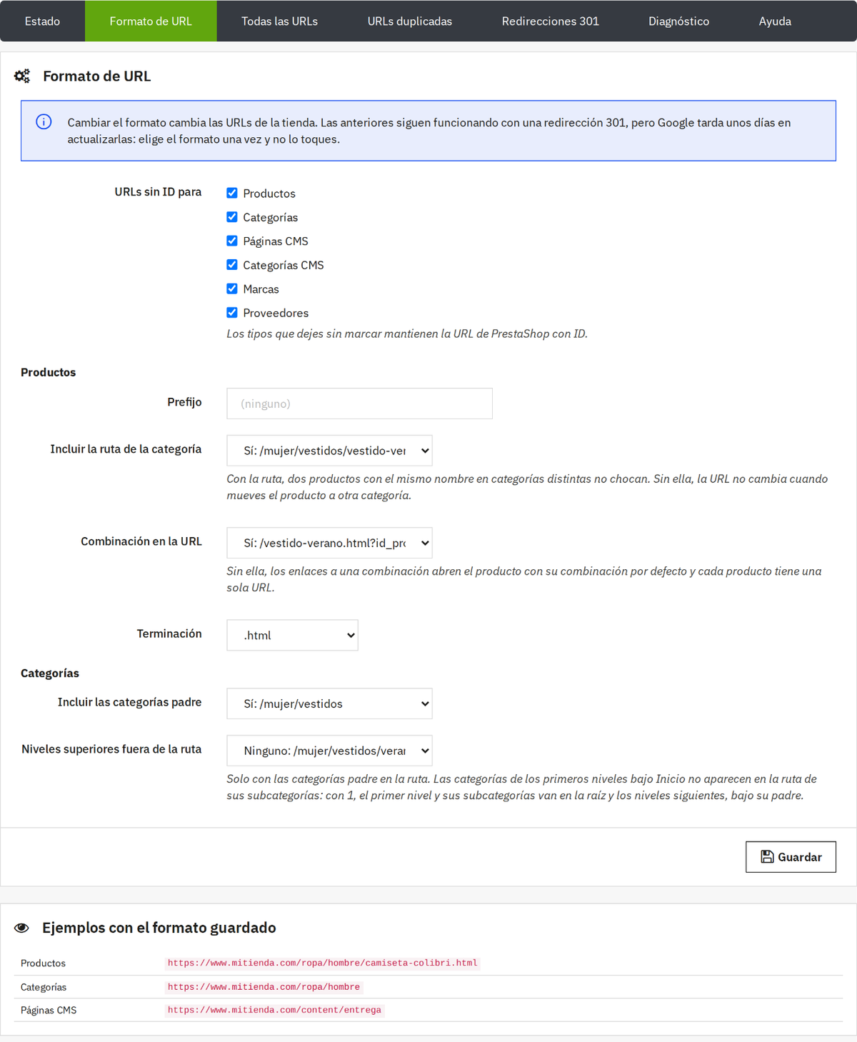 Formato de URL: prefijos, ruta de categoría, terminación .html y ejemplos de URLs sin IDs