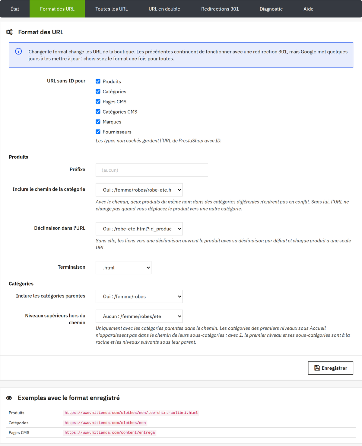 Format des URL : préfixes, chemin des catégories, terminaison .html et exemples d'URL sans ID