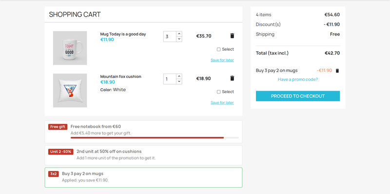 PrestaShop cart with a buy 3 pay 2 promotion applied and a hint of what is missing