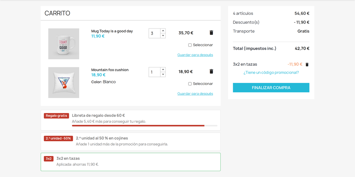 Carrito de PrestaShop con promoción 3x2 aplicada y aviso de lo que falta
