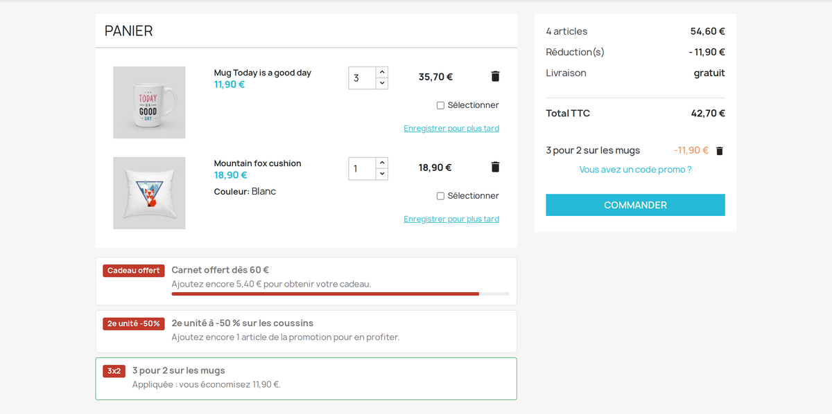 Panier PrestaShop avec promotion 3 pour 2 appliquée et message sur ce qui manque