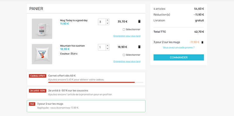 Panier PrestaShop avec promotion 3 pour 2 appliquée et message sur ce qui manque