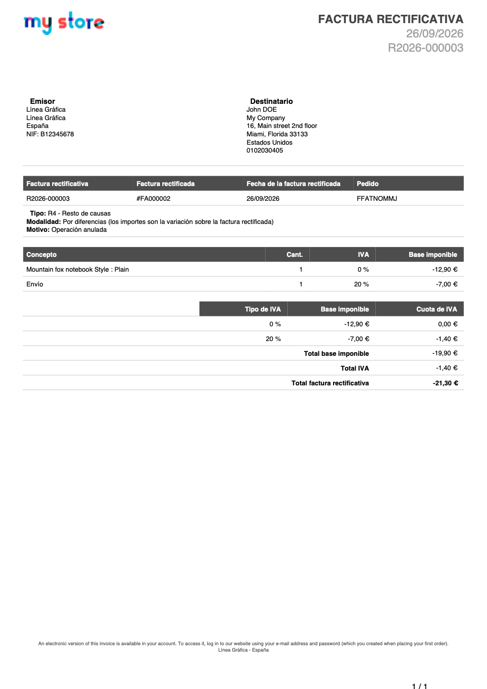 PDF de la factura rectificativa