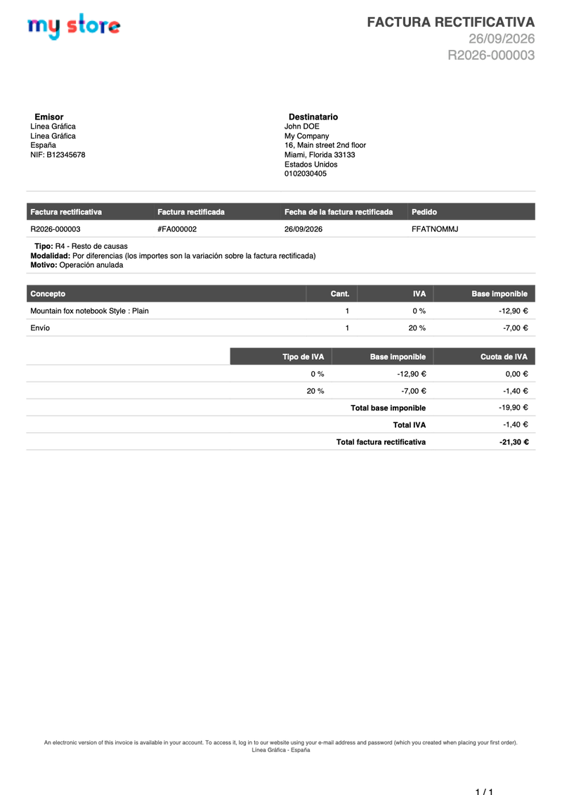 PDF de la factura rectificativa