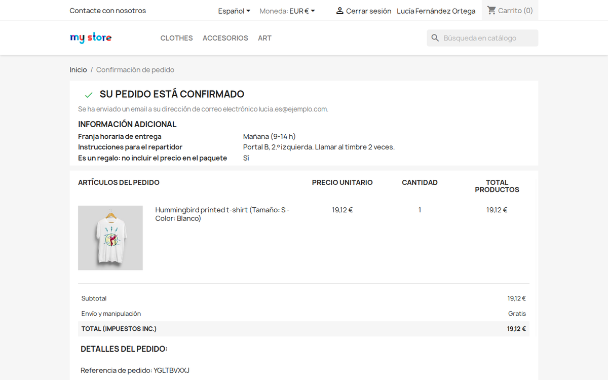 Valores de los campos a medida en la confirmación del pedido