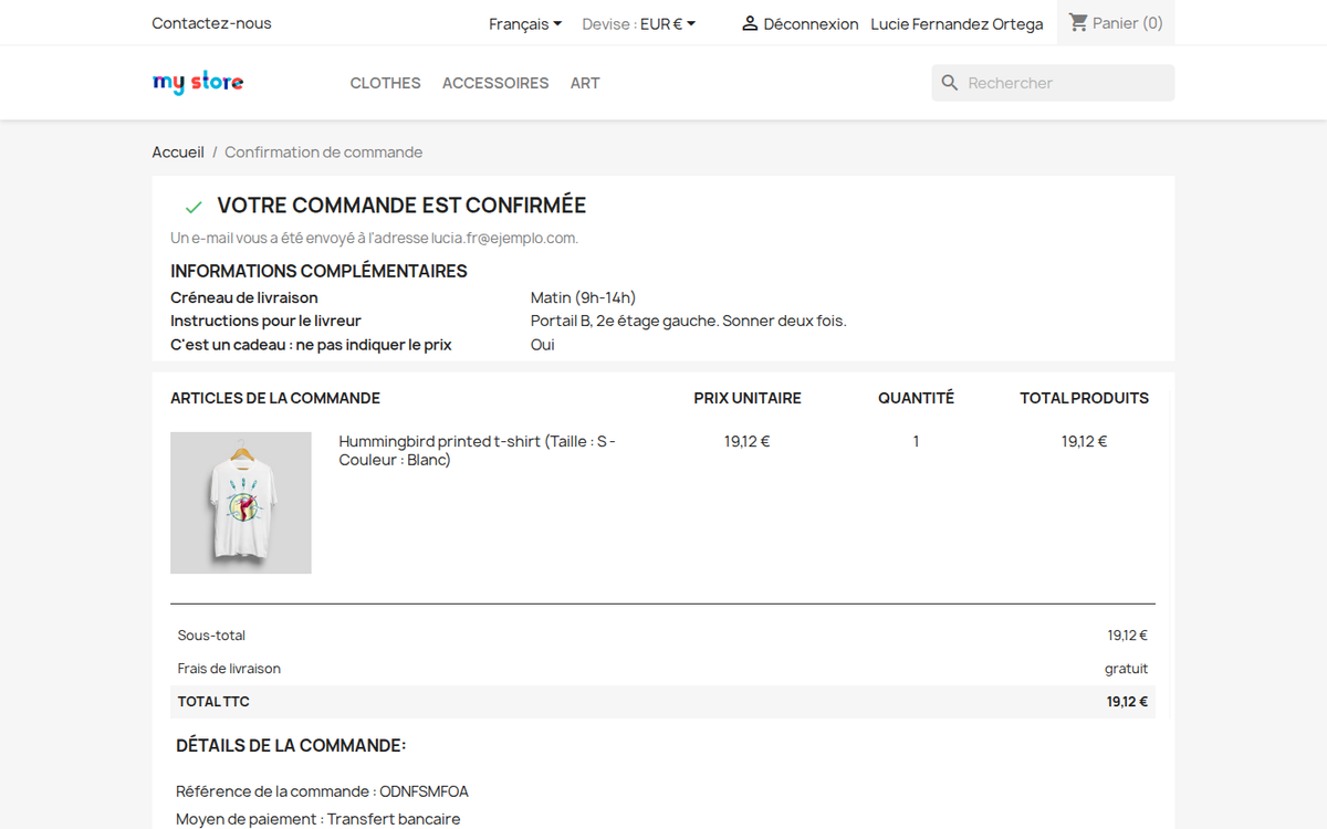 Valeurs des champs sur la page de confirmation de commande