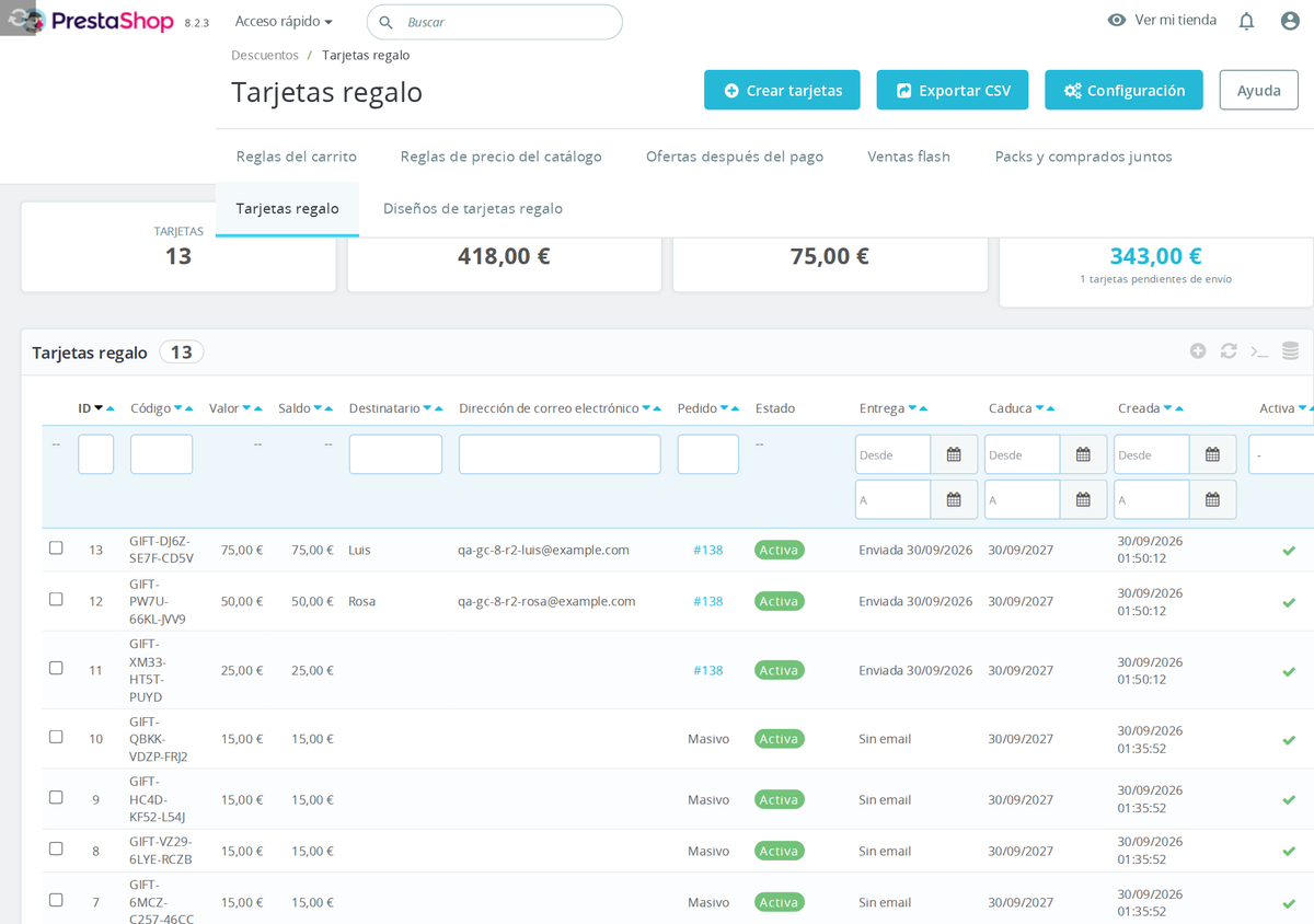 Listado de tarjetas regalo en el back office de PrestaShop con saldo vivo