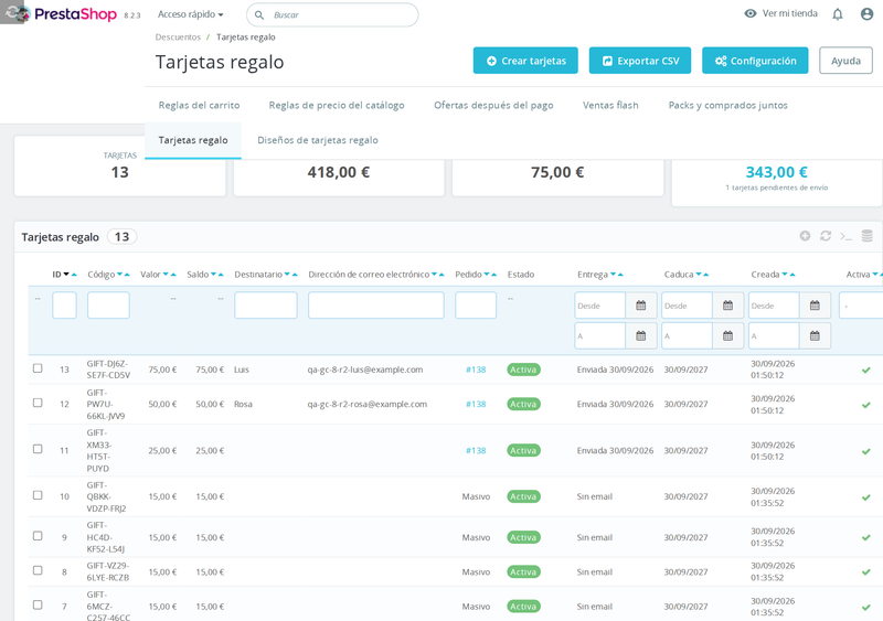 Listado de tarjetas regalo en el back office de PrestaShop con saldo vivo