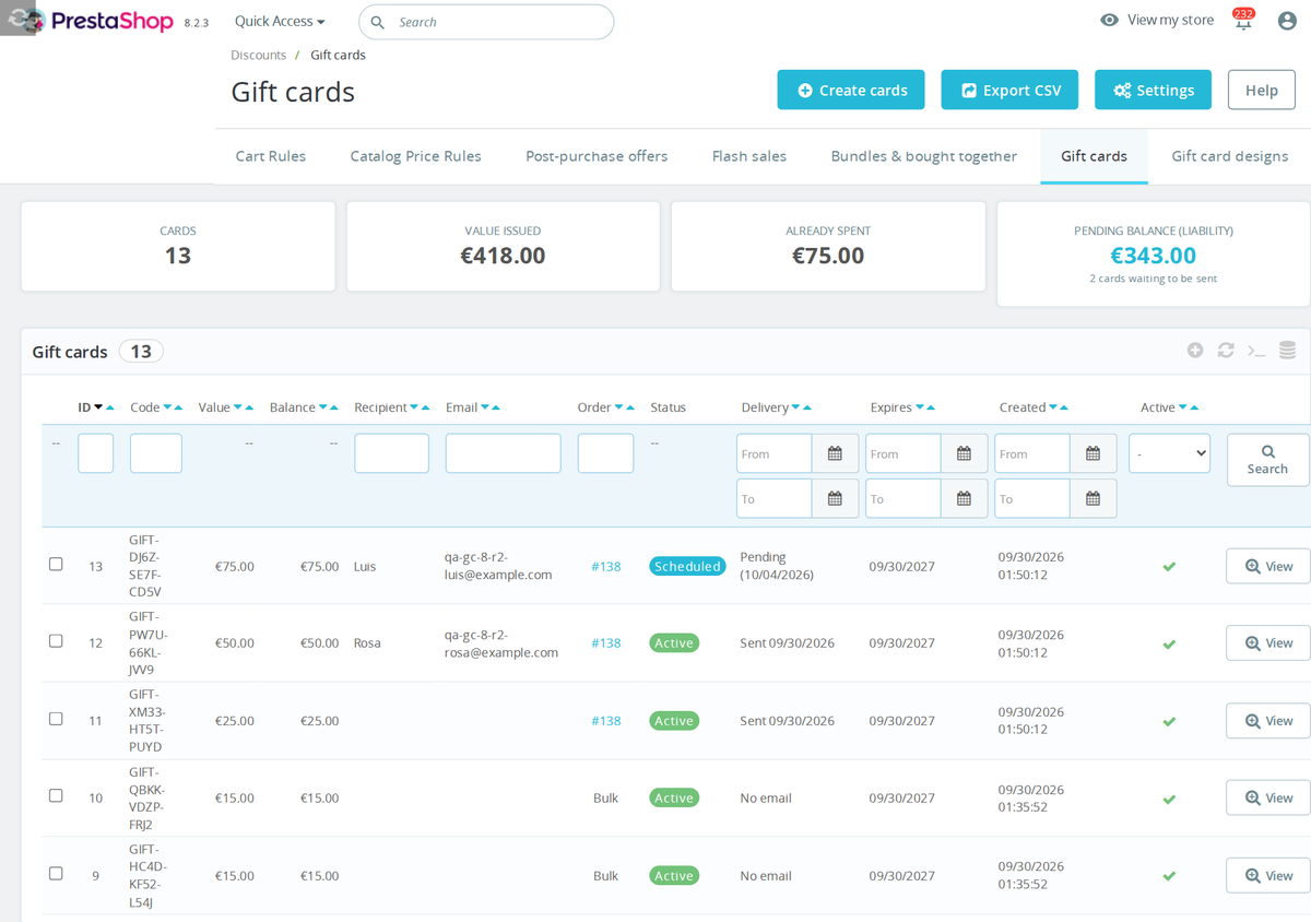 Liste des cartes cadeaux dans le back-office PrestaShop avec solde en cours