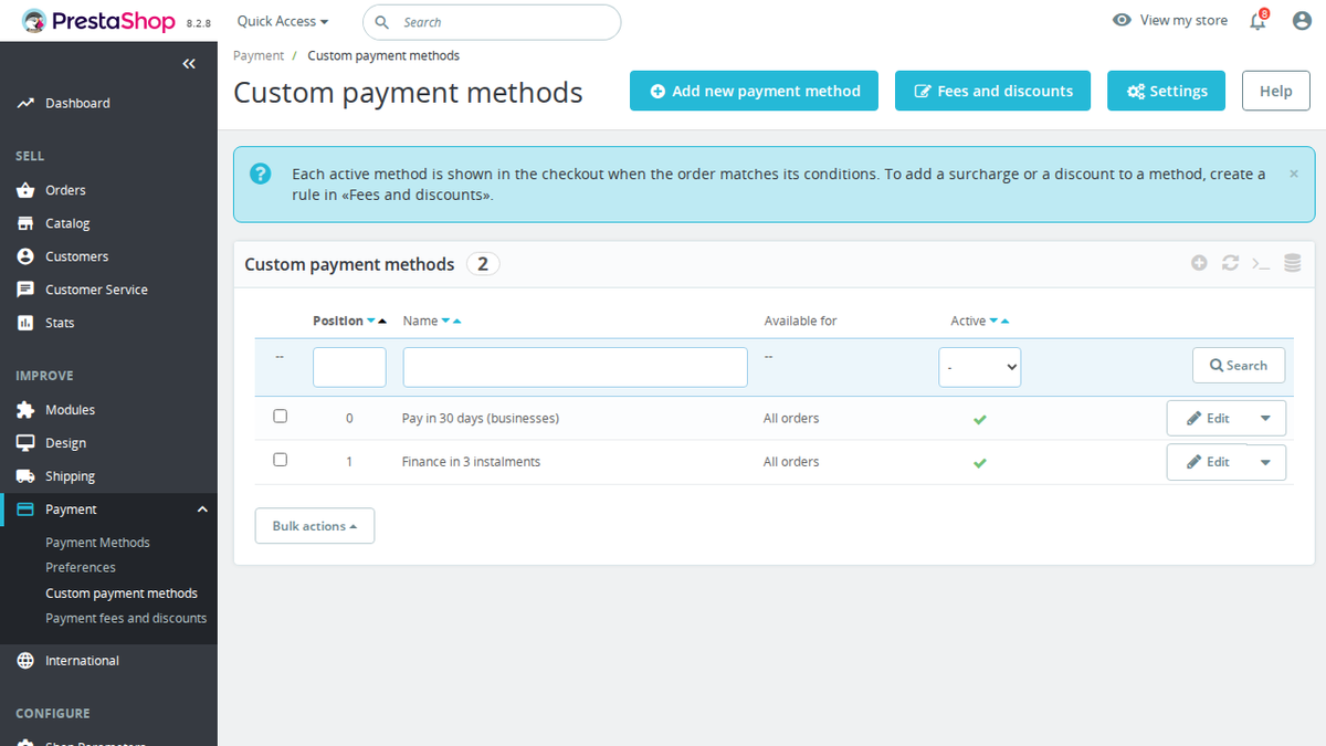 Custom payment methods in the PrestaShop back office