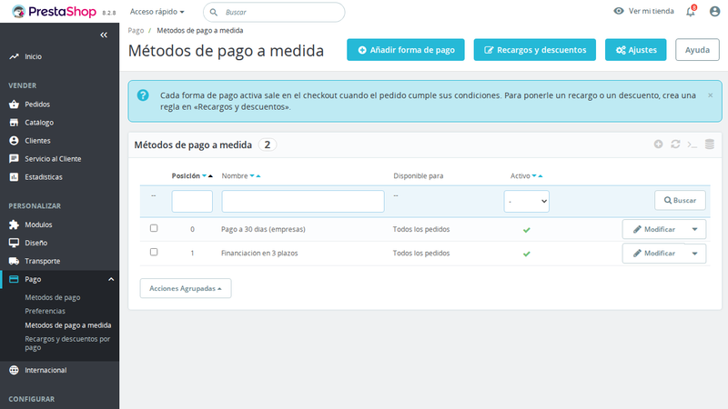 Métodos de pago a medida en el back office de PrestaShop