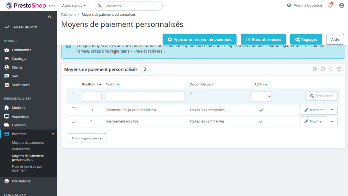 Moyens de paiement personnalisés dans le back office PrestaShop