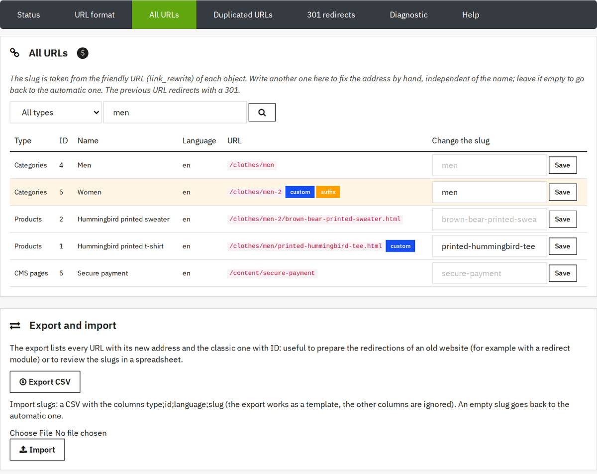 All URLs with search, editable slugs and CSV export and import