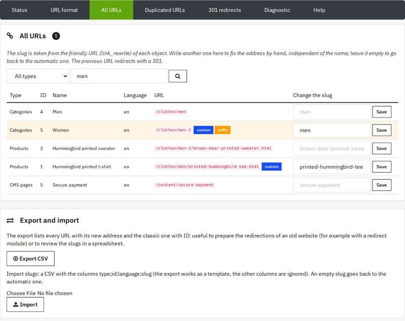 All URLs with search, editable slugs and CSV export and import