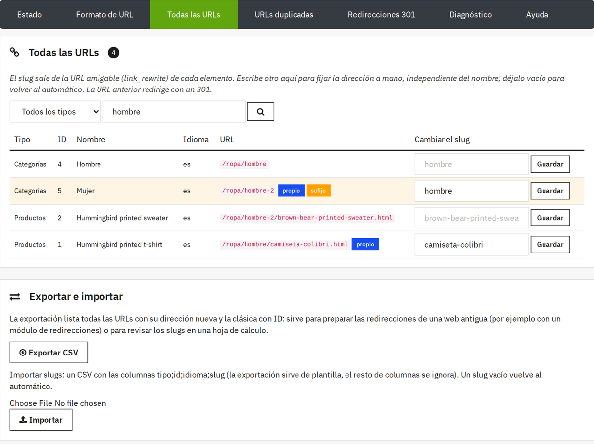 Todas las URLs con búsqueda, slugs editables y exportación e importación CSV