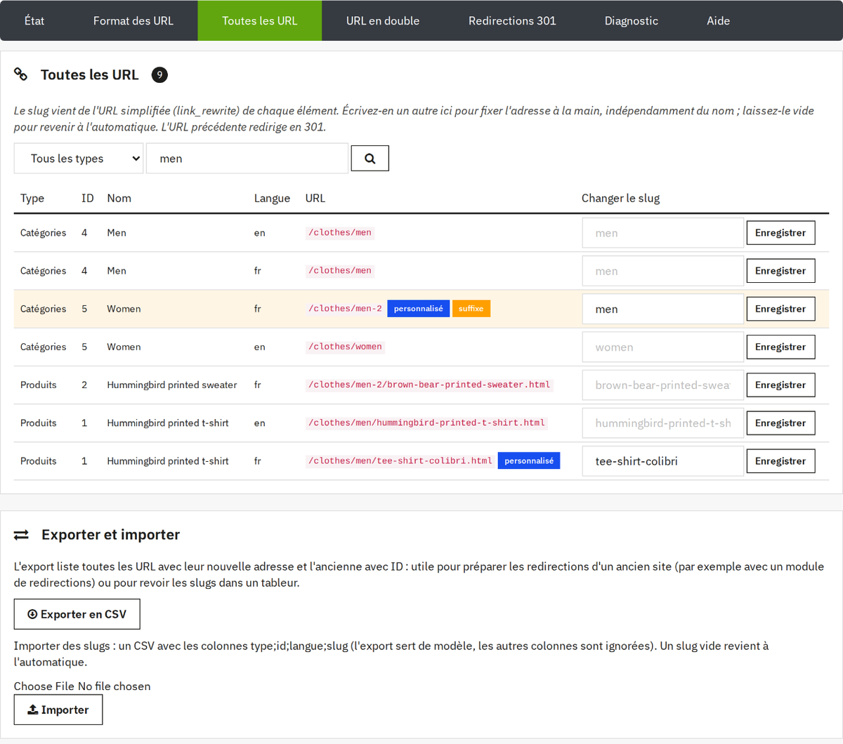 Toutes les URL avec recherche, slugs modifiables et export et import CSV