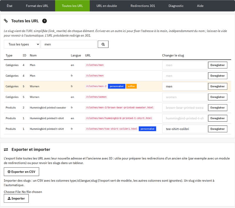 Toutes les URL avec recherche, slugs modifiables et export et import CSV
