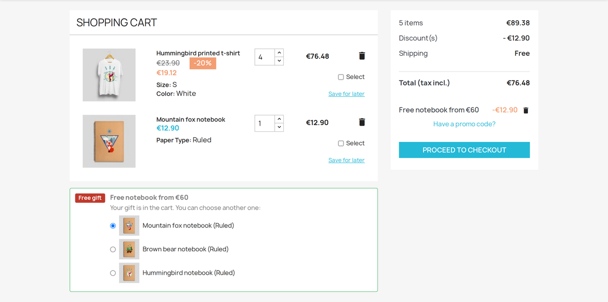 Free gift in the PrestaShop cart from an amount, chosen by the customer