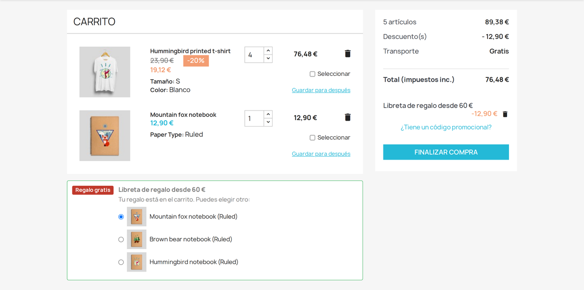 Regalo en el carrito de PrestaShop a partir de un importe, a elegir por el cliente