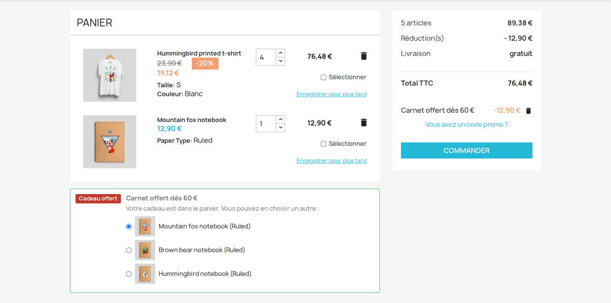 Cadeau dans le panier PrestaShop dès un montant, au choix du client