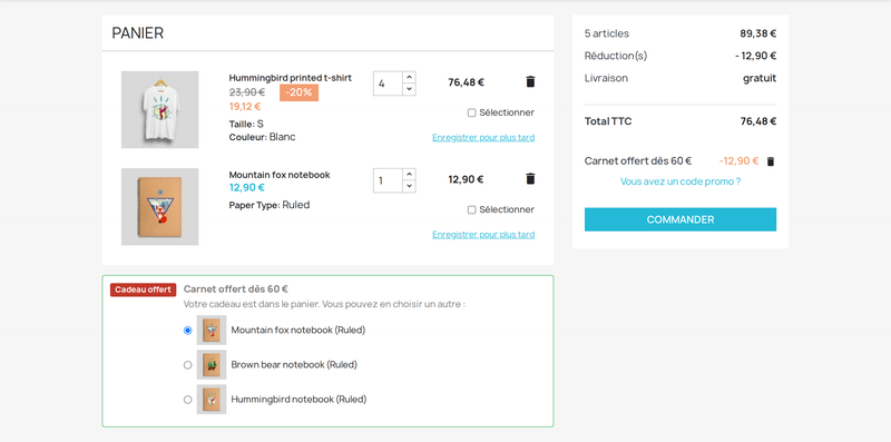 Cadeau dans le panier PrestaShop dès un montant, au choix du client