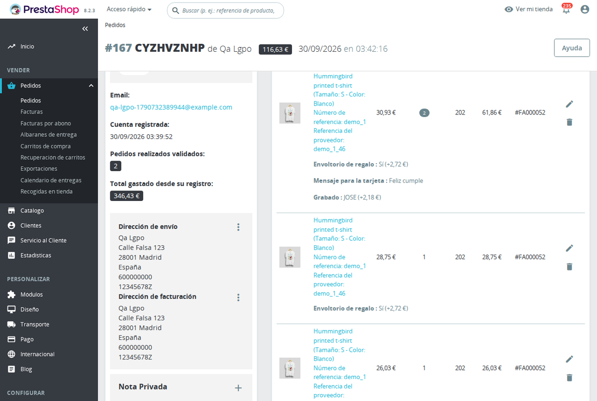 Pedido del back office con las opciones del cliente