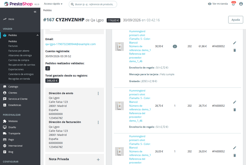 Pedido del back office con las opciones del cliente