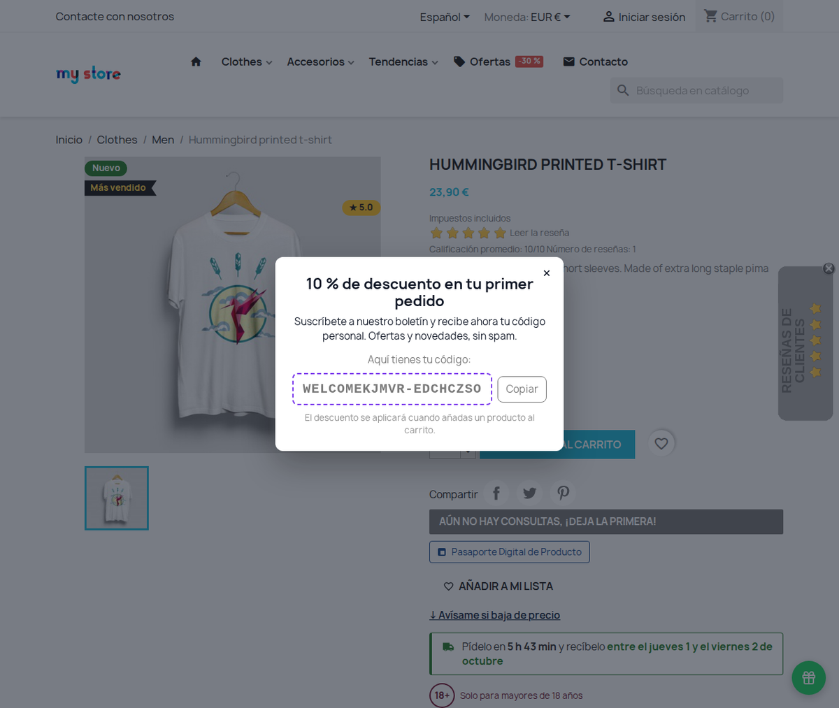 Popup de newsletter con cupón de descuento único en PrestaShop