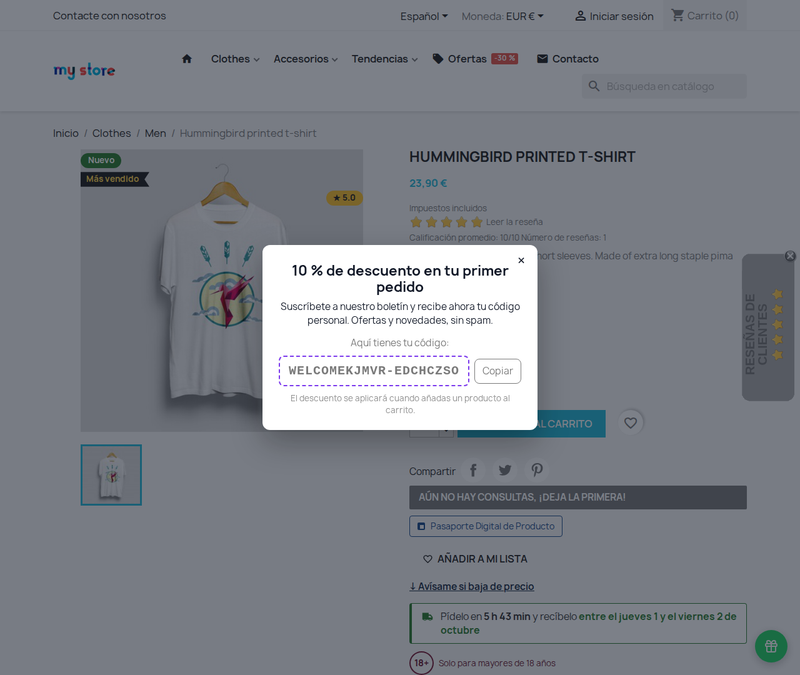 Popup de newsletter con cupón de descuento único en PrestaShop