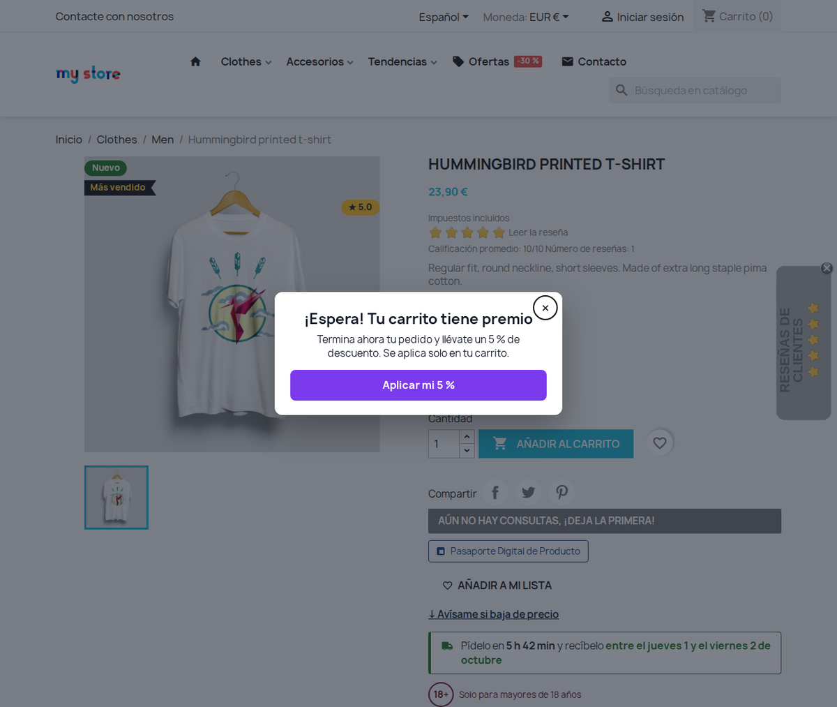 Popup de intención de salida con código de descuento en PrestaShop