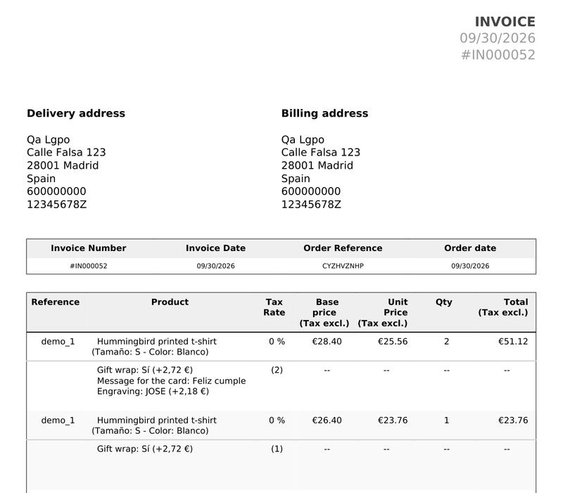 PDF invoice with the product options and their price