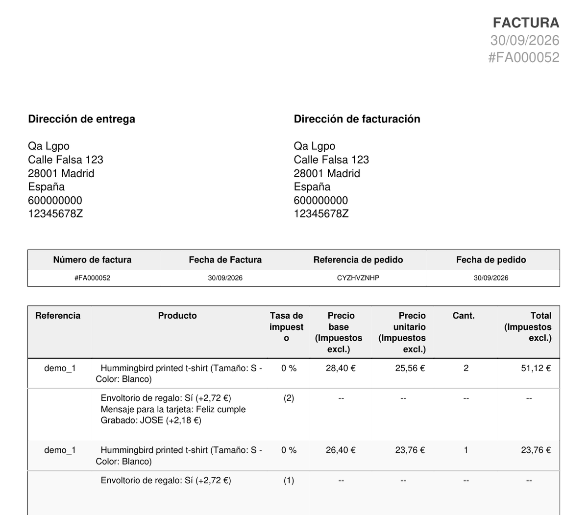 Factura PDF con las opciones de producto y su precio