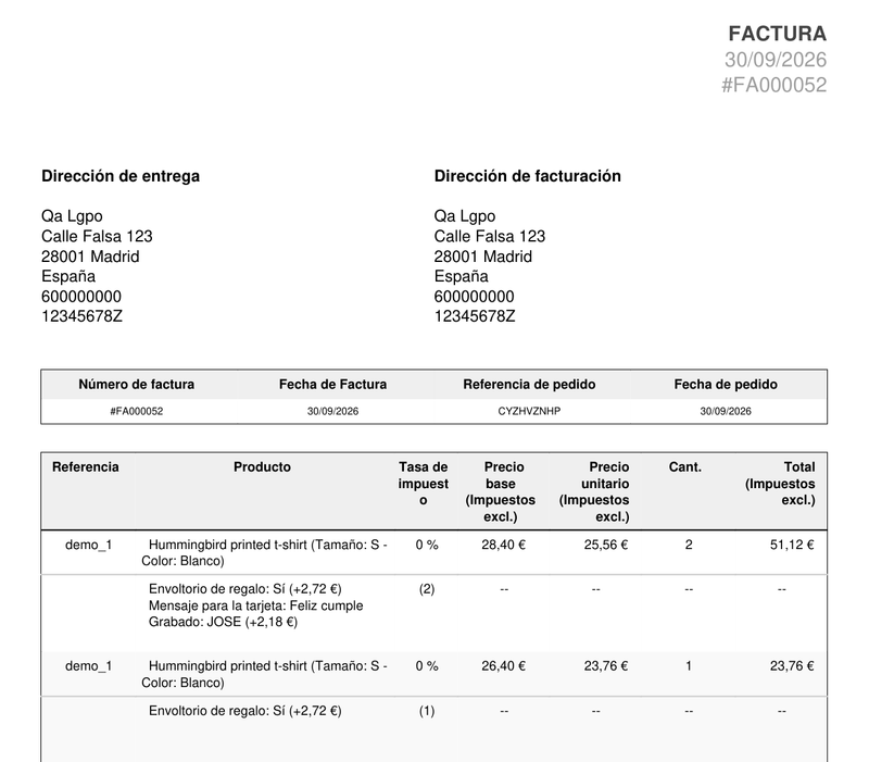 Factura PDF con las opciones de producto y su precio