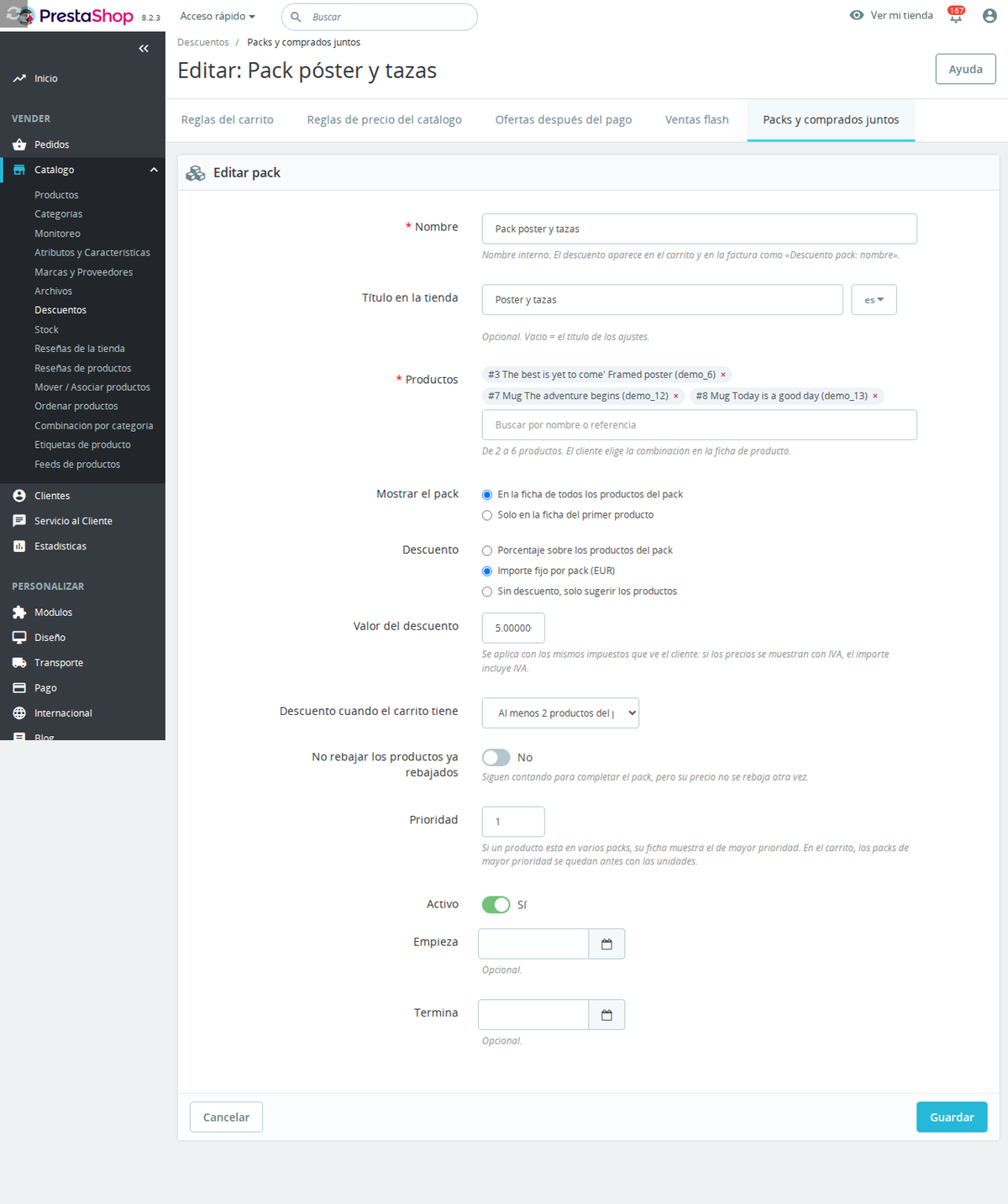 Crear un pack de productos con descuento en el back office