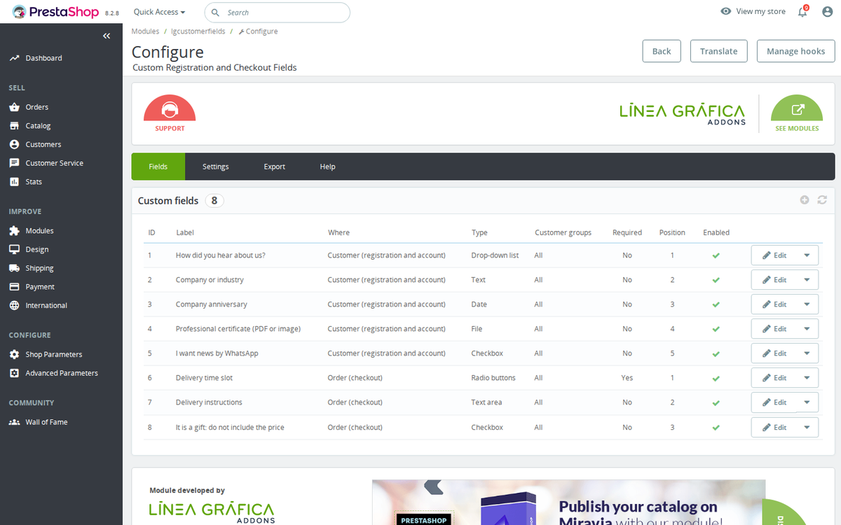 List of fields in the module back office