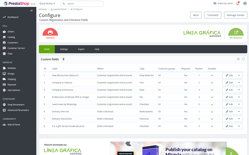 List of fields in the module back office