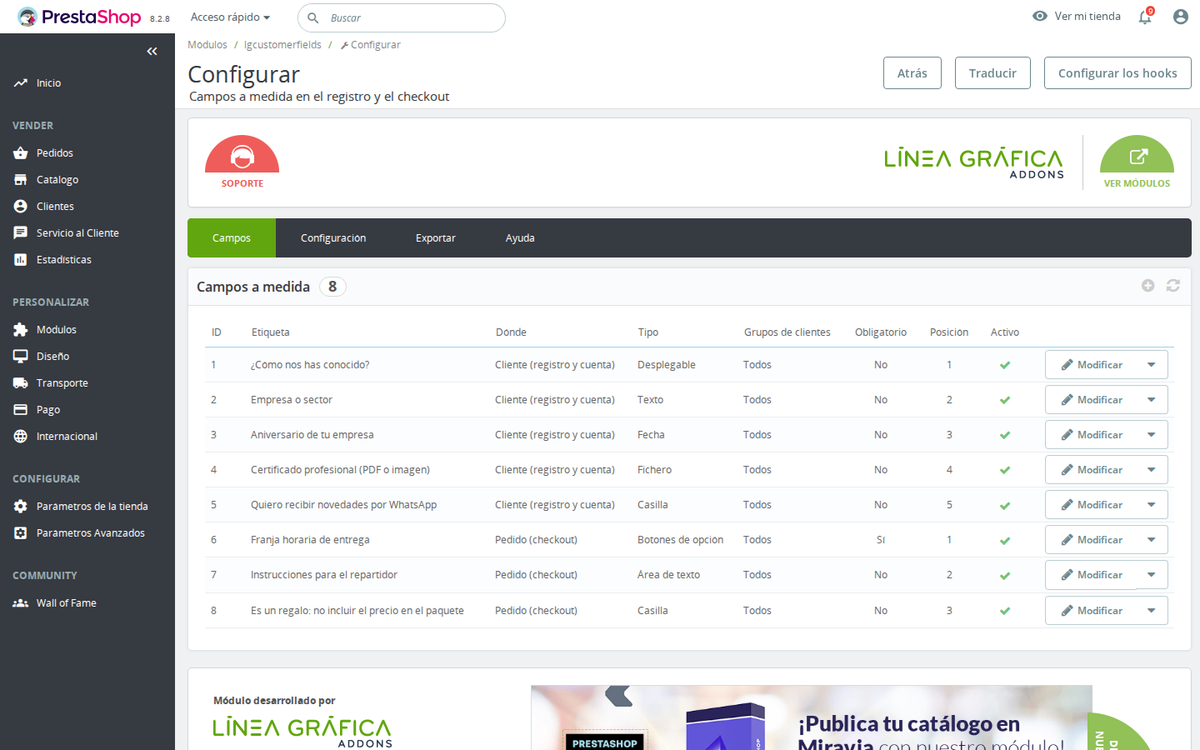Lista de campos en el back office del módulo