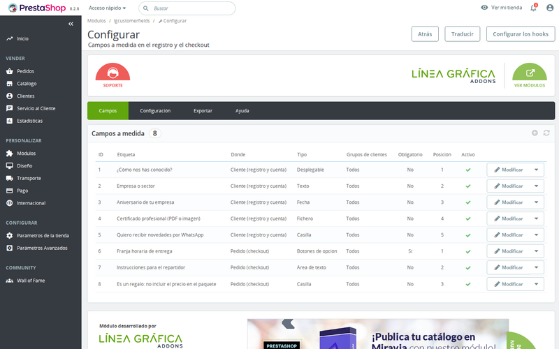 Lista de campos en el back office del módulo