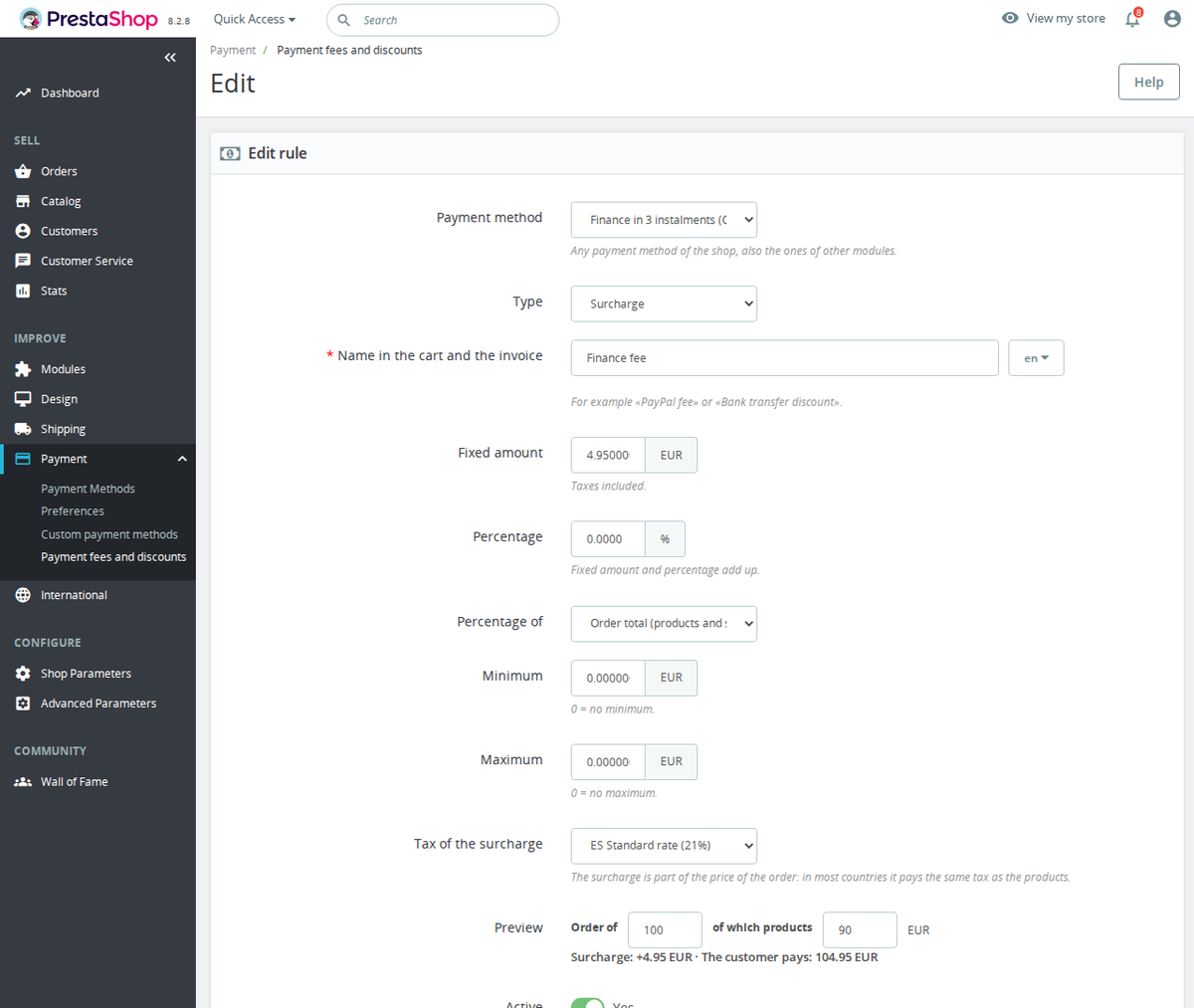 Surcharge rule with preview in the PrestaShop back office