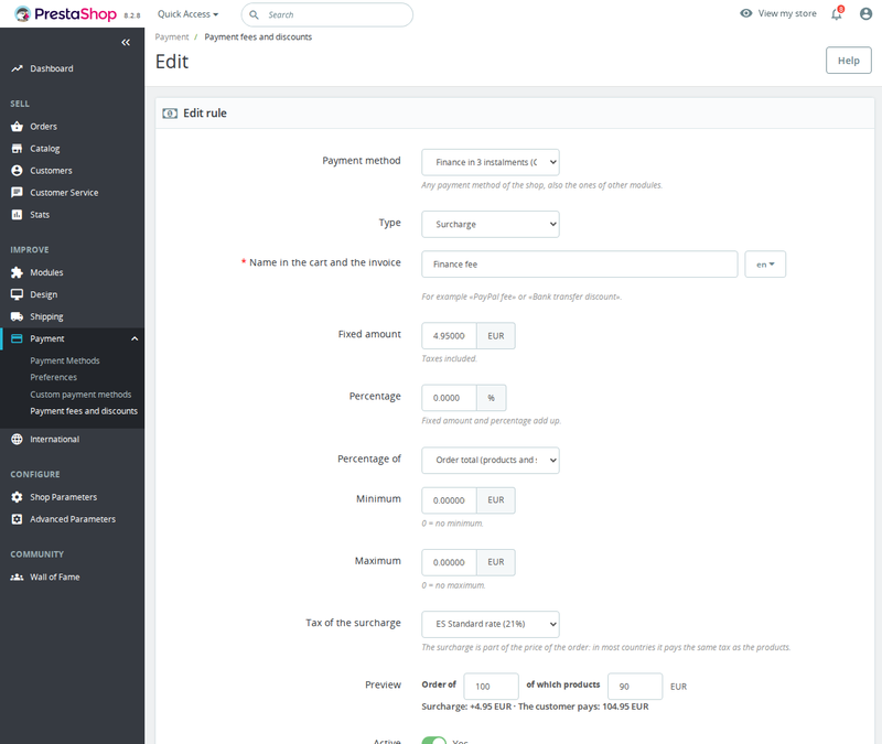 Surcharge rule with preview in the PrestaShop back office