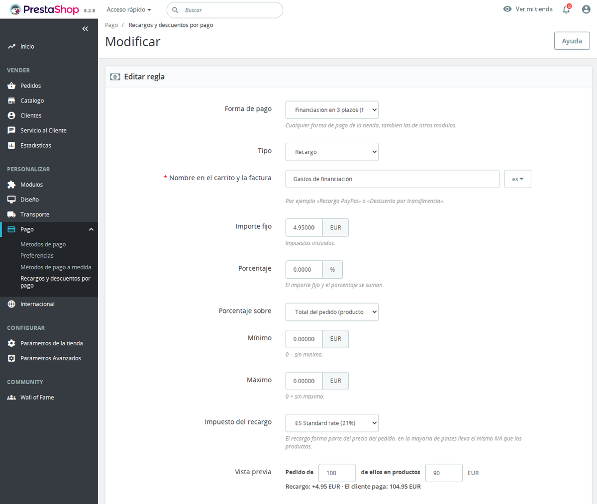 Regla de recargo con vista previa en el back office de PrestaShop