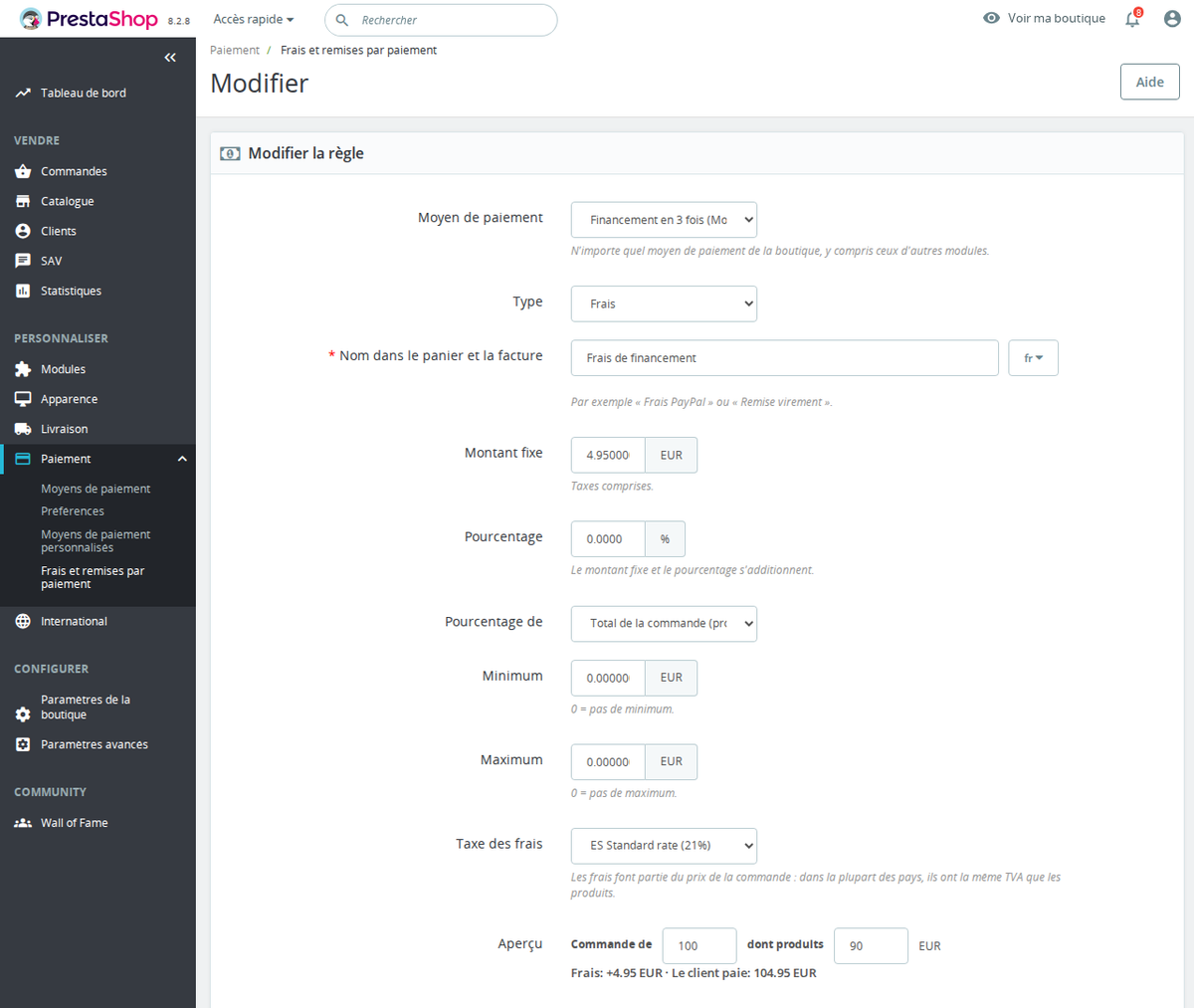 Règle de frais avec aperçu dans le back office PrestaShop