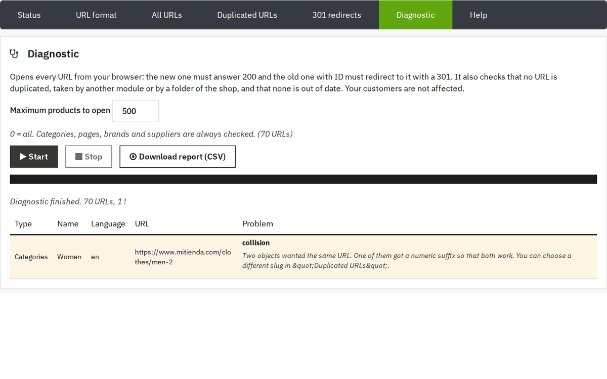 URL diagnostic with CSV report and duplicate URL warning