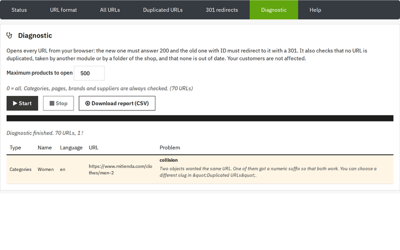 URL diagnostic with CSV report and duplicate URL warning