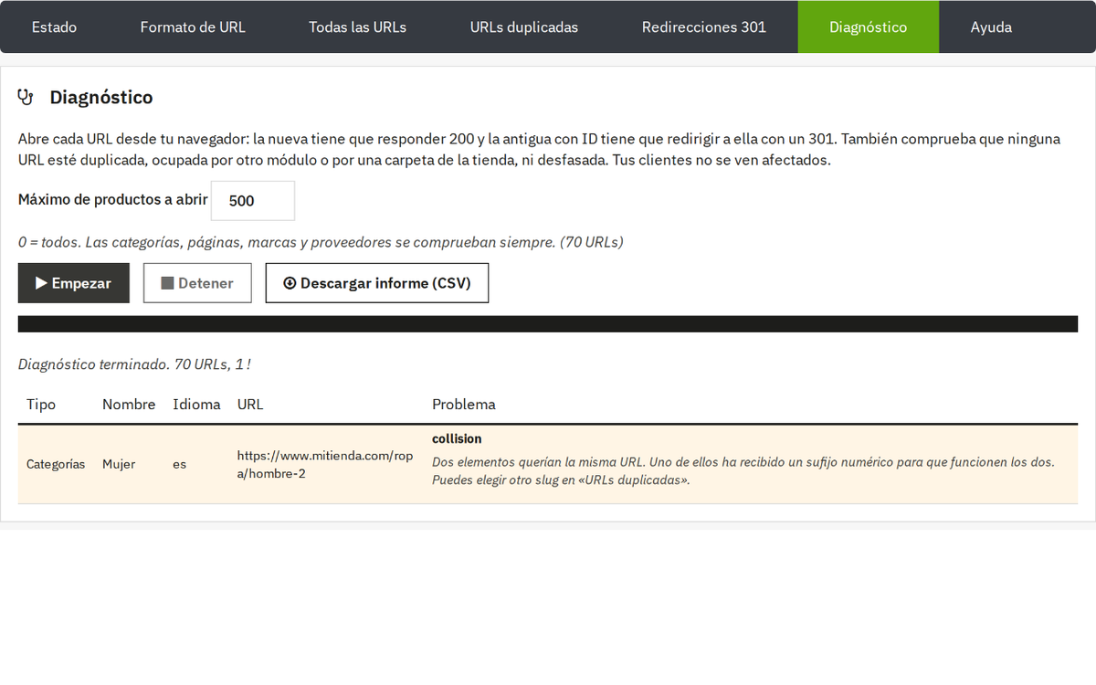 Diagnóstico de URLs con informe CSV y aviso de URL duplicada