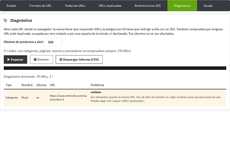 Diagnóstico de URLs con informe CSV y aviso de URL duplicada