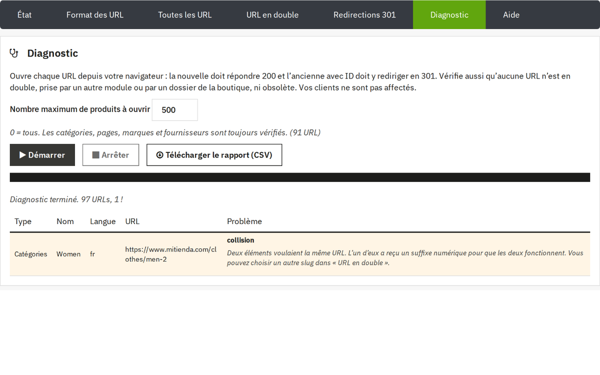 Diagnostic des URL avec rapport CSV et avertissement d'URL en double